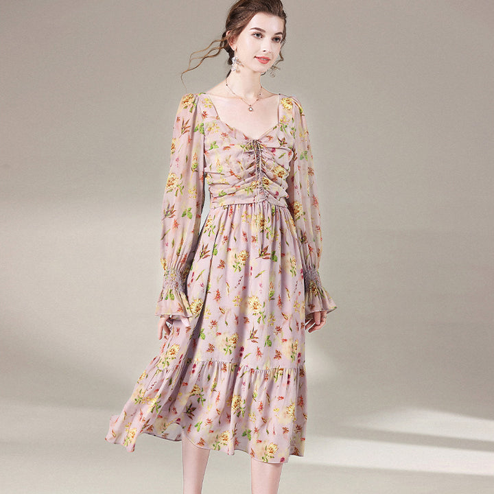 Rosy Pink Floral Long Sleeve Tea Break Mulberry Silk Dress SD062