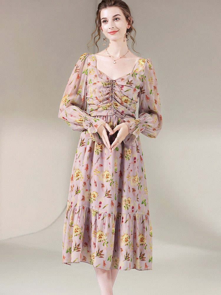 Rosy Pink Floral Long Sleeve Tea Break Mulberry Silk Dress SD062