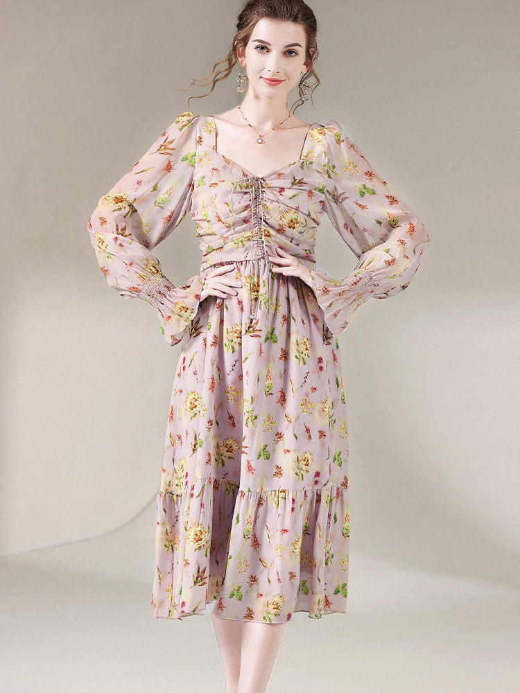 Rosy Pink Floral Long Sleeve Tea Break Mulberry Silk Dress SD062