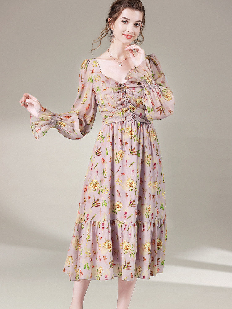 Rosy Pink Floral Long Sleeve Tea Break Mulberry Silk Dress SD062