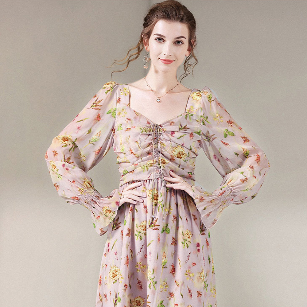 Rosy Pink Floral Long Sleeve Tea Break Mulberry Silk Dress SD062