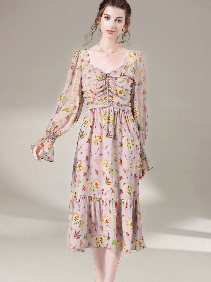 Rosy Pink Floral Long Sleeve Tea Break Mulberry Silk Dress SD062