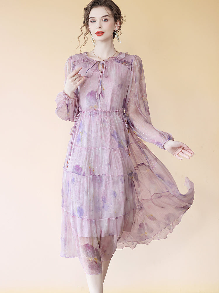 Rosy Pink Tie Neck Long Sleeve Tiered Pure Silk Dress SD094