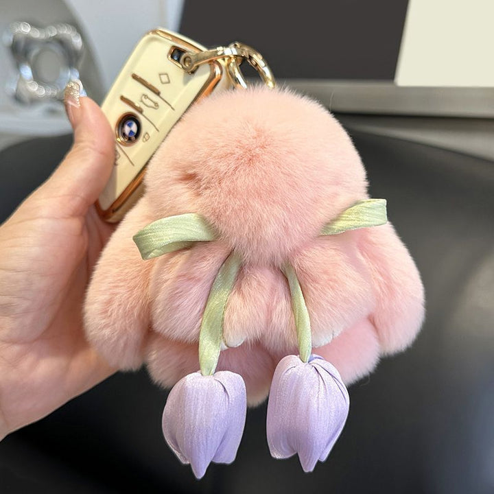 Cute Bunny Rabbit Fur Keychain with Tulip Charm Soft Plush Rabbit Bag Charm Key Ring Accessory