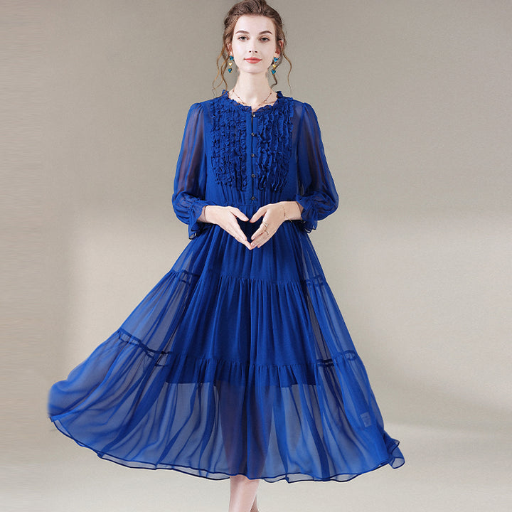 Royal Blue Empire Waist Semi-Sheer Pure Mulberry Silk Chiffon Dress SD053