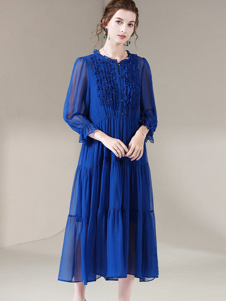 Royal Blue Empire Waist Semi-Sheer Pure Mulberry Silk Chiffon Dress SD053