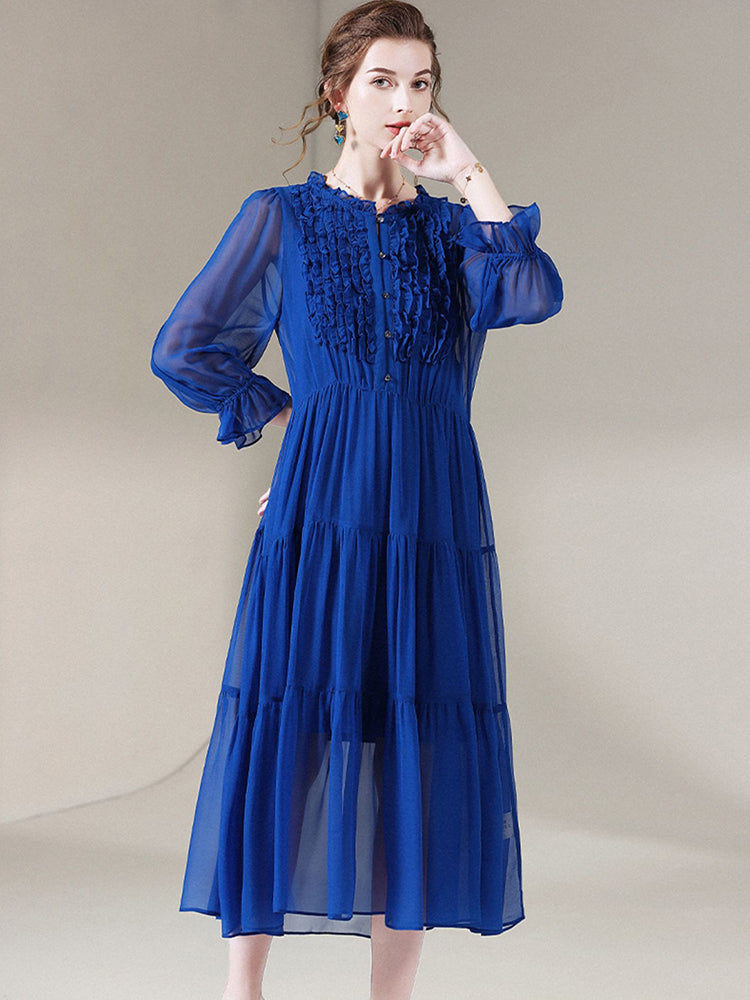 Royal Blue Empire Waist Semi-Sheer Pure Mulberry Silk Chiffon Dress SD053