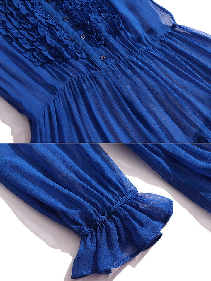 Royal Blue Empire Waist Semi-Sheer Pure Mulberry Silk Chiffon Dress SD053