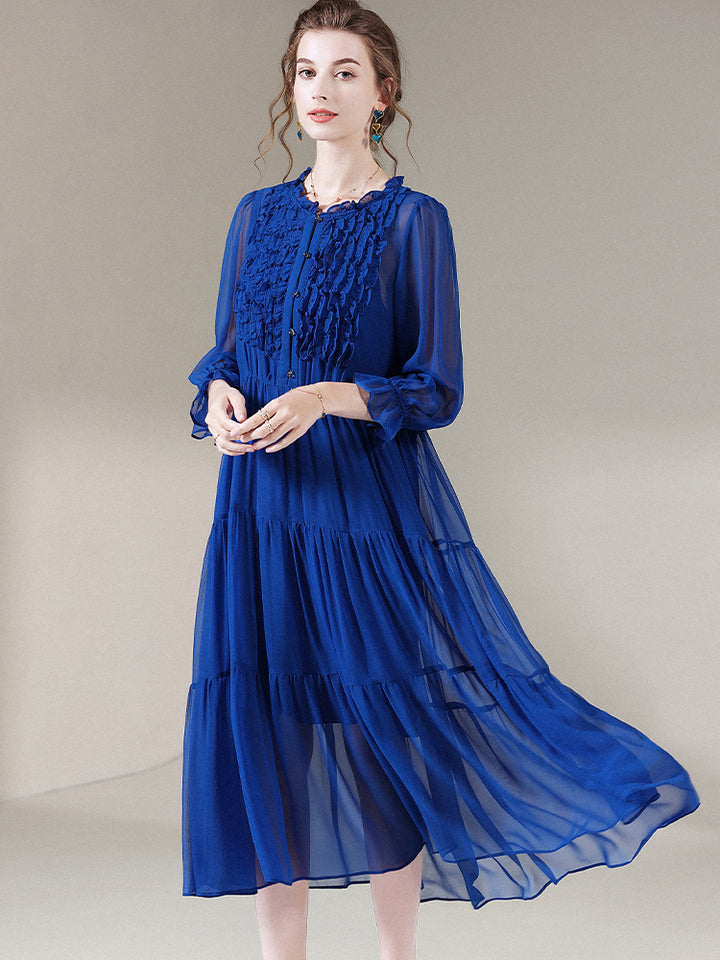 Royal Blue Empire Waist Semi-Sheer Pure Mulberry Silk Chiffon Dress SD053