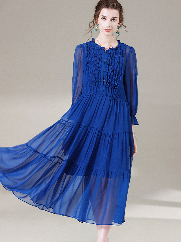 Royal Blue Empire Waist Semi-Sheer Pure Mulberry Silk Chiffon Dress SD053