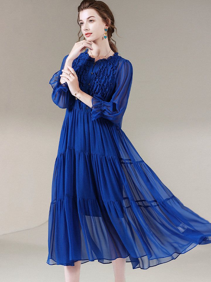 Royal Blue Empire Waist Semi-Sheer Pure Mulberry Silk Chiffon Dress SD053