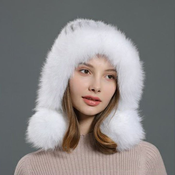 Luxury Real Mink Fur Hat with Fox Fur Trim Women Winter Knit Beanie with Pom-Pom Ear Flaps