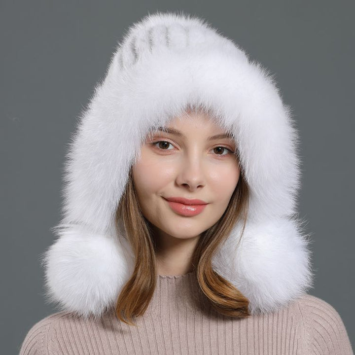 Luxury Real Mink Fur Hat with Fox Fur Trim Women Winter Knit Beanie with Pom-Pom Ear Flaps