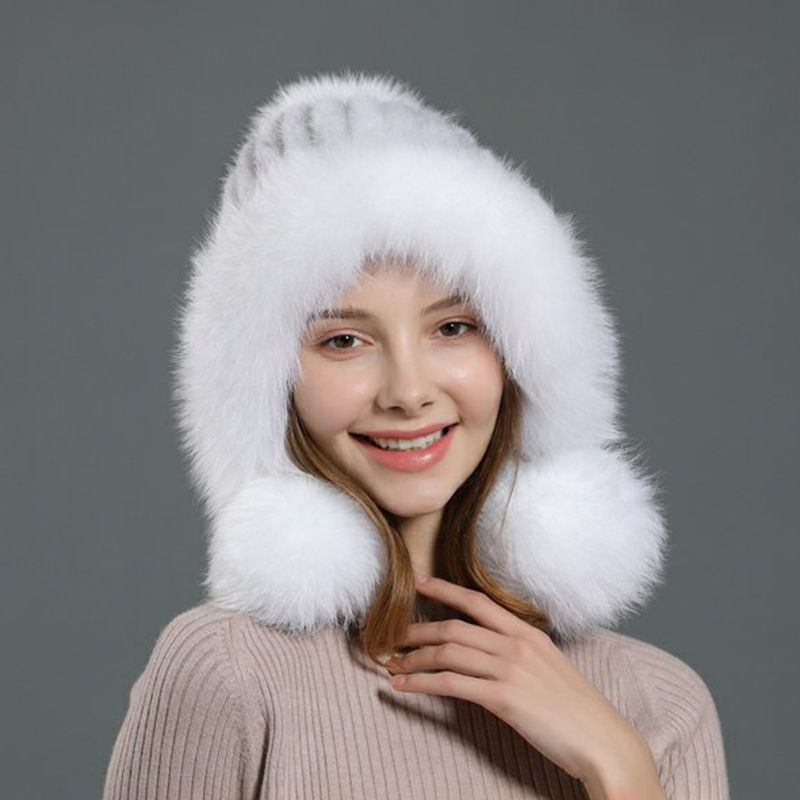 Luxury Real Mink Fur Hat with Fox Fur Trim Women Winter Knit Beanie with Pom-Pom Ear Flaps