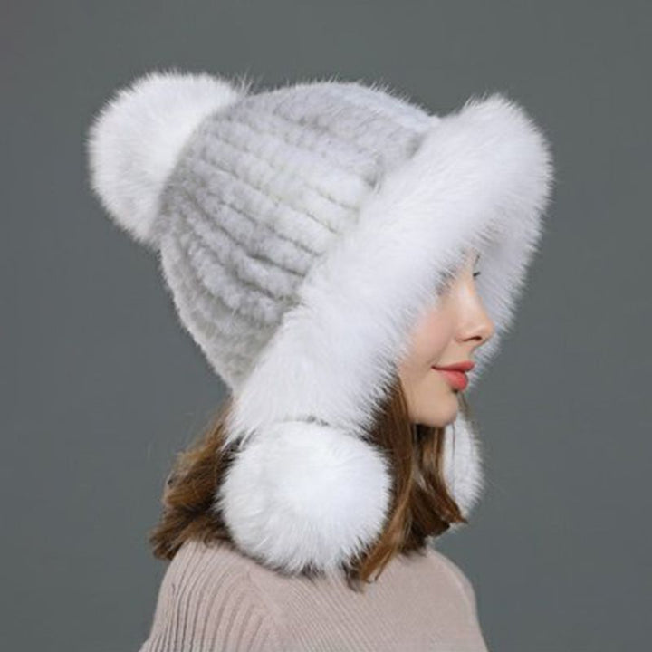 Luxury Real Mink Fur Hat with Fox Fur Trim Women Winter Knit Beanie with Pom-Pom Ear Flaps
