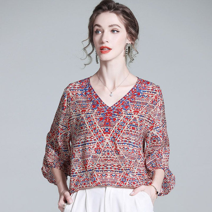 Red and Blue Boho Printed V-Neck 3/4 Lantern Sleeve Silk Blouse for Women