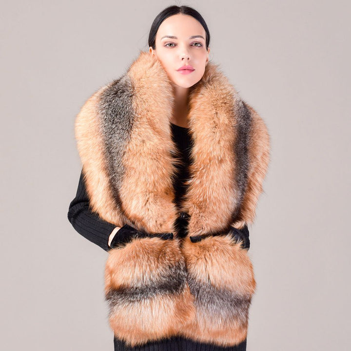 Women's Oversized Real Fox Fur Shawl Wrap Large Fur Collar Scarf with Pocket for Parties and Wedding