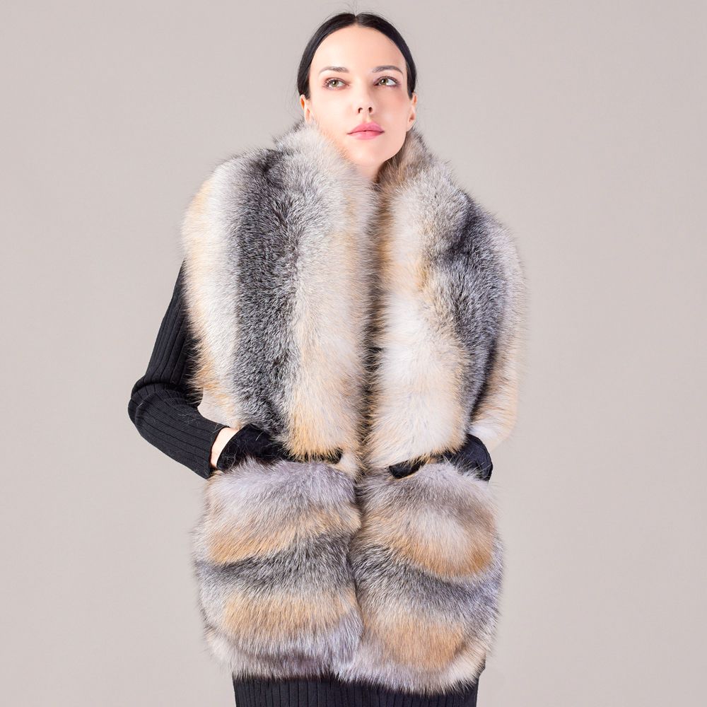 Women's Oversized Real Fox Fur Shawl Wrap Large Fur Collar Scarf with Pocket for Parties and Wedding