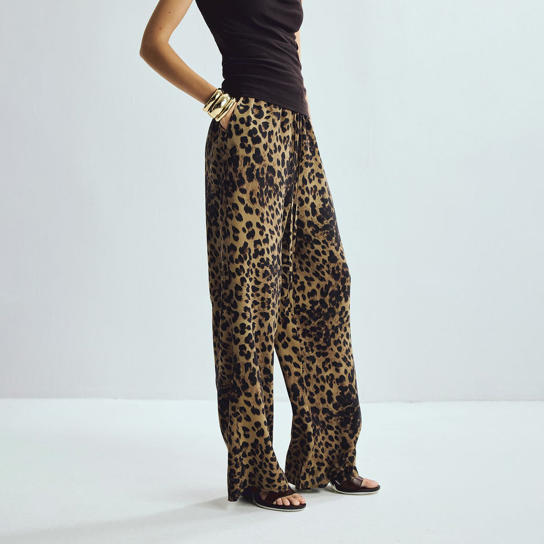 Washable Mulberry Silk Leopard Printed Lounge Pants For Women