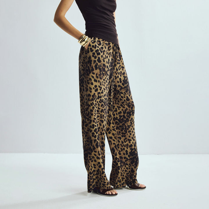 Washable Mulberry Silk Leopard Printed Lounge Pants For Women