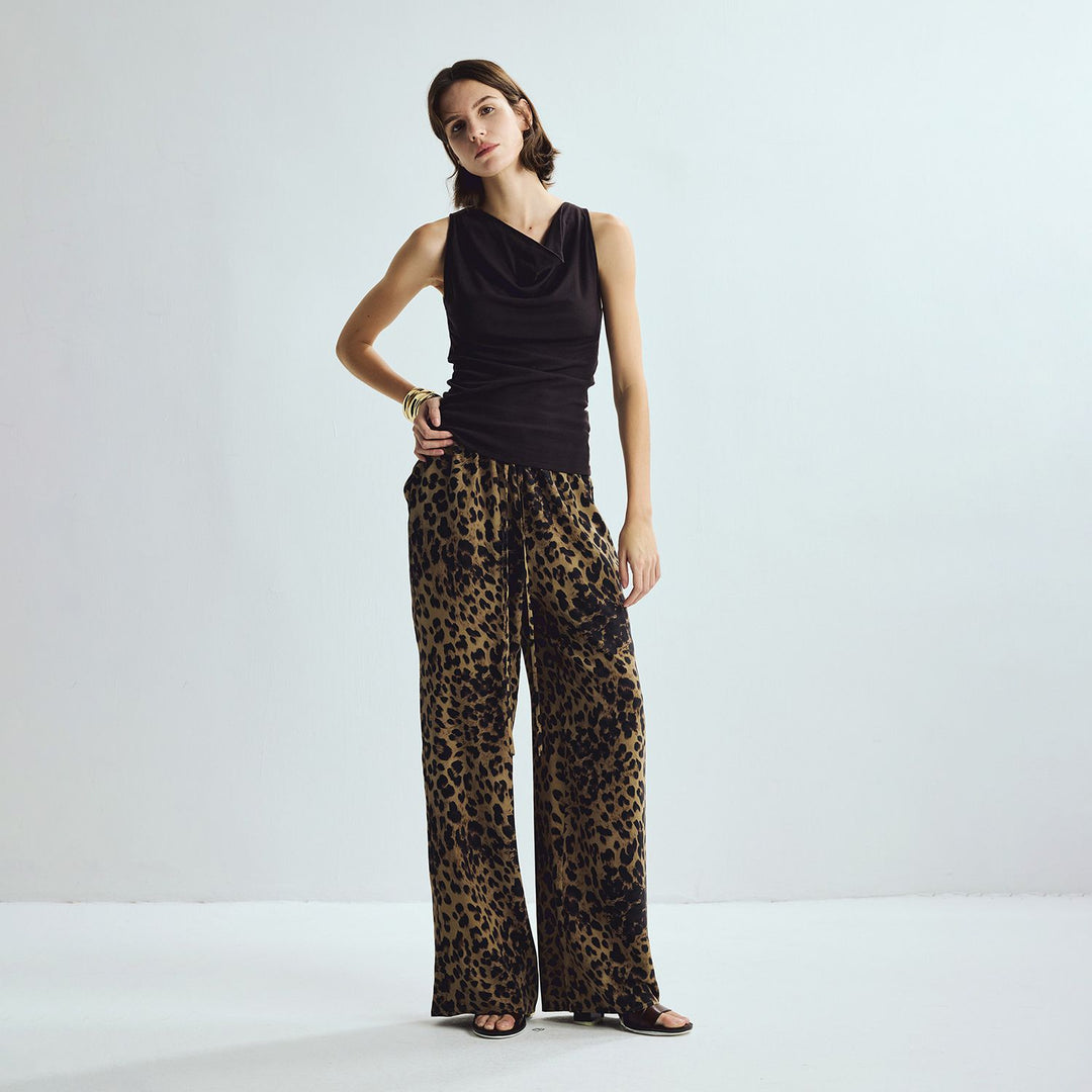 Washable Mulberry Silk Leopard Printed Lounge Pants For Women