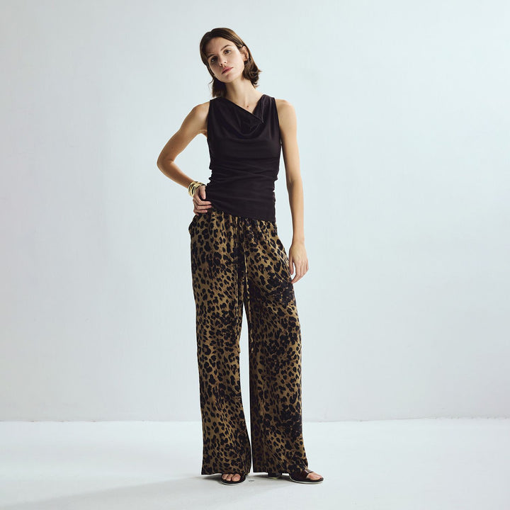Washable Mulberry Silk Leopard Printed Lounge Pants For Women