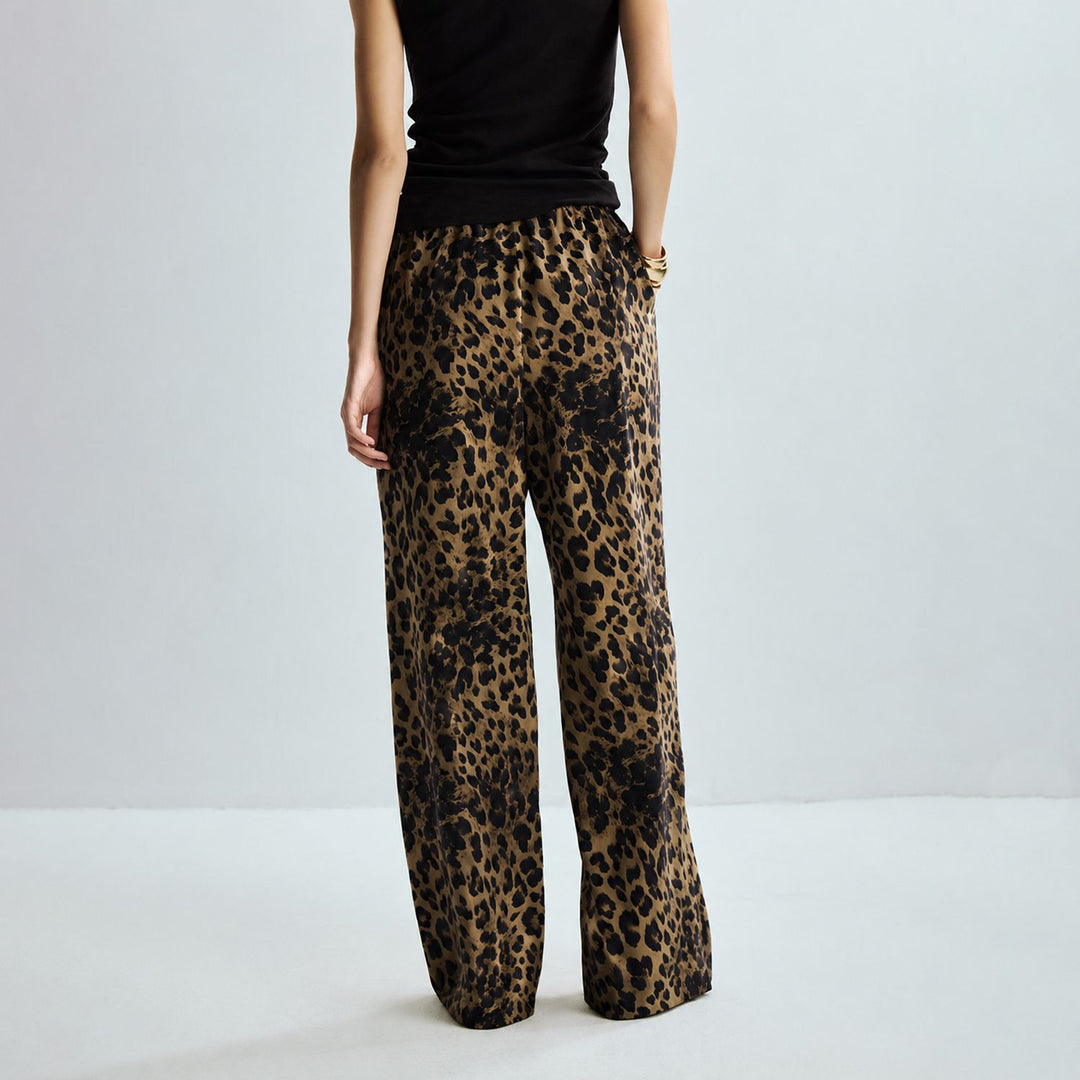 Washable Mulberry Silk Leopard Printed Lounge Pants For Women