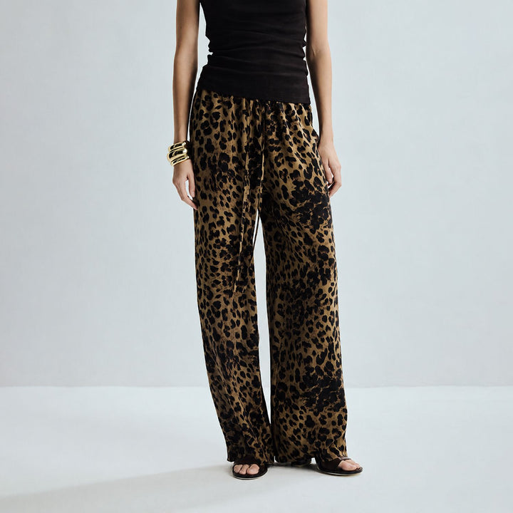 Washable Mulberry Silk Leopard Printed Lounge Pants For Women