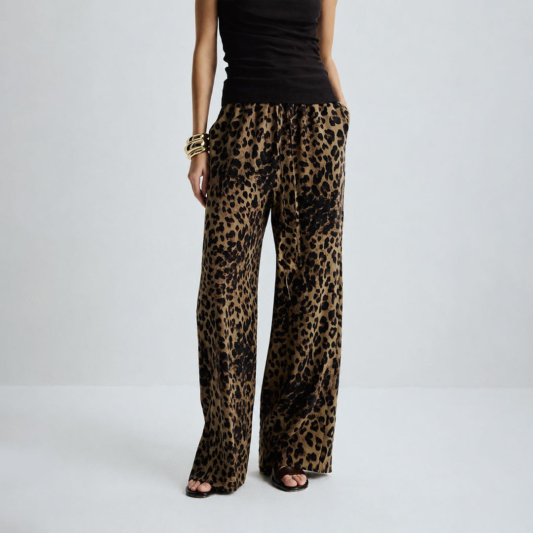 Washable Mulberry Silk Leopard Printed Lounge Pants For Women