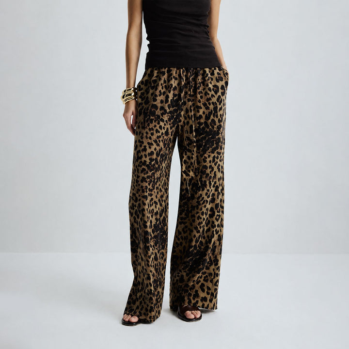 Washable Mulberry Silk Leopard Printed Lounge Pants For Women