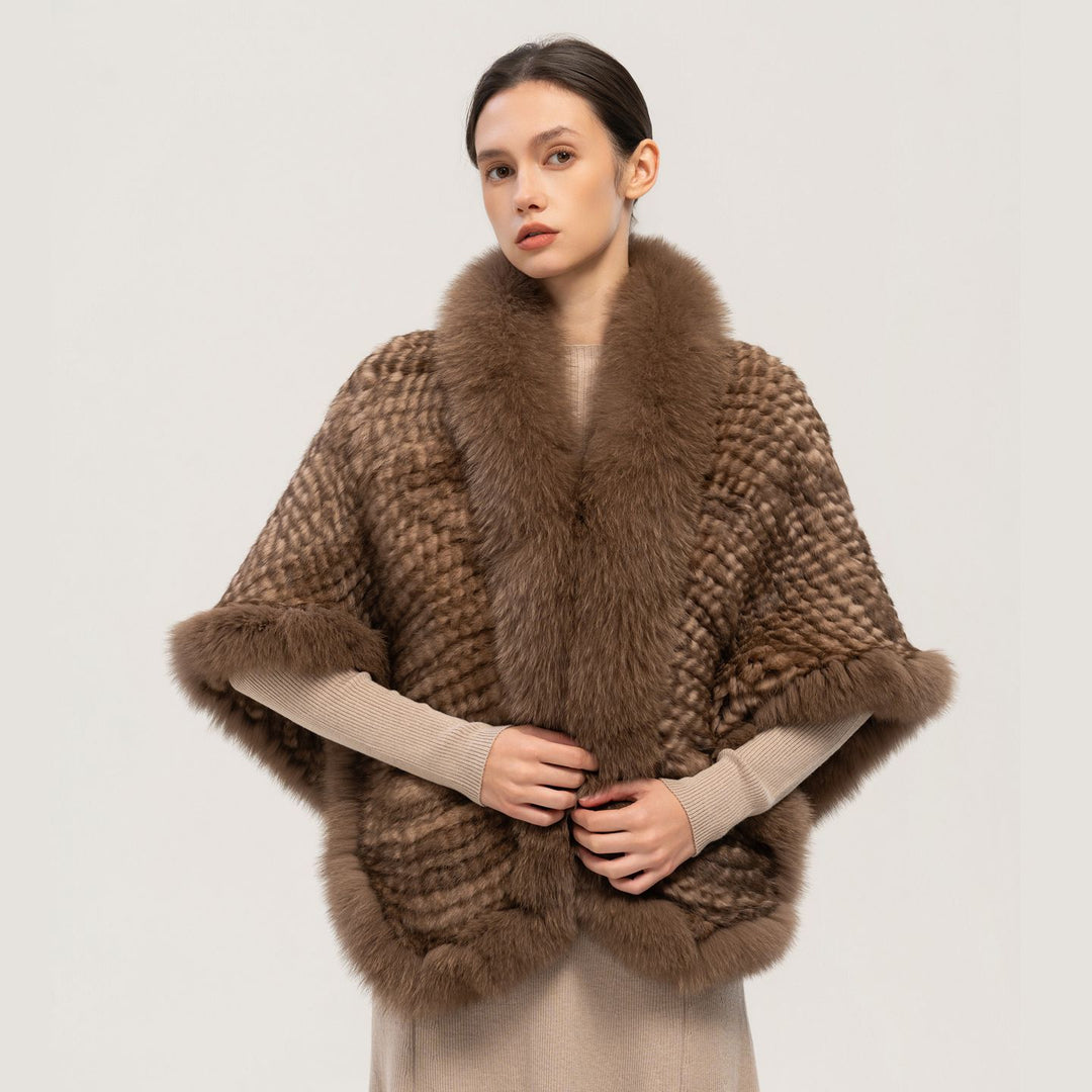 Winter Wedding Real Fox Fur Trimmed Rabbit Fur Knitted Shawl Wrap Cape