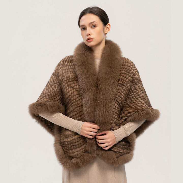 Winter Wedding Real Fox Fur Trimmed Rabbit Fur Knitted Shawl Wrap Cape