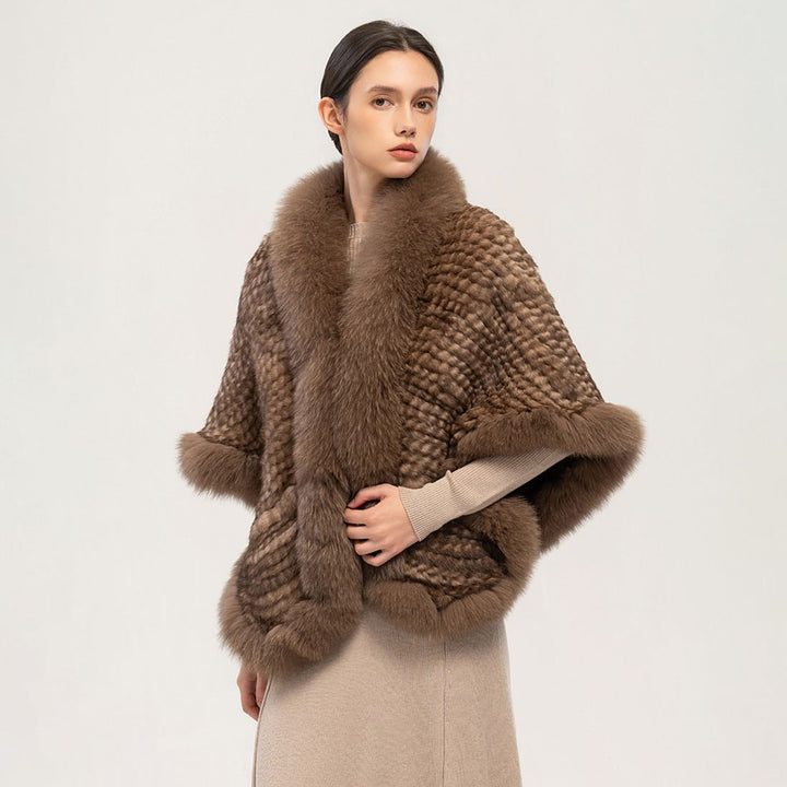 Winter Wedding Real Fox Fur Trimmed Rabbit Fur Knitted Shawl Wrap Cape