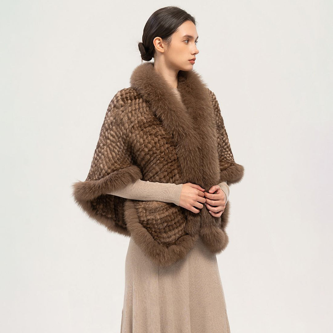 Winter Wedding Real Fox Fur Trimmed Rabbit Fur Knitted Shawl Wrap Cape