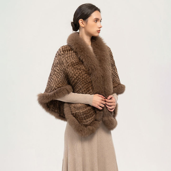 Winter Wedding Real Fox Fur Trimmed Rabbit Fur Knitted Shawl Wrap Cape