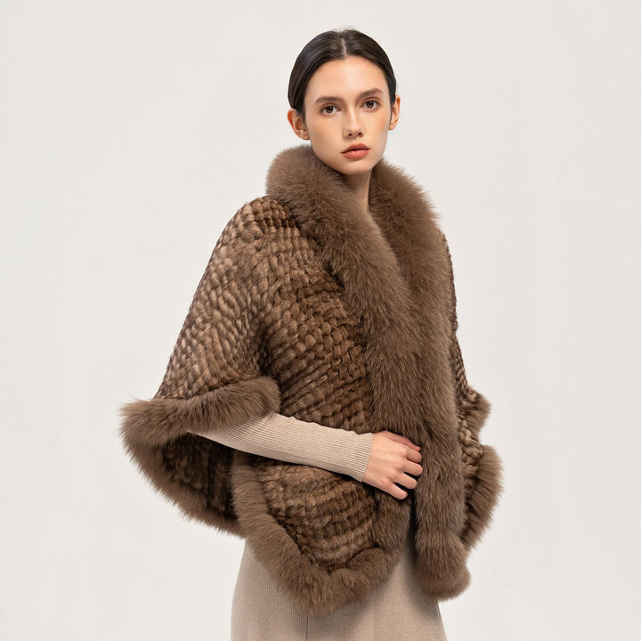 Winter Wedding Real Fox Fur Trimmed Rabbit Fur Knitted Shawl Wrap Cape