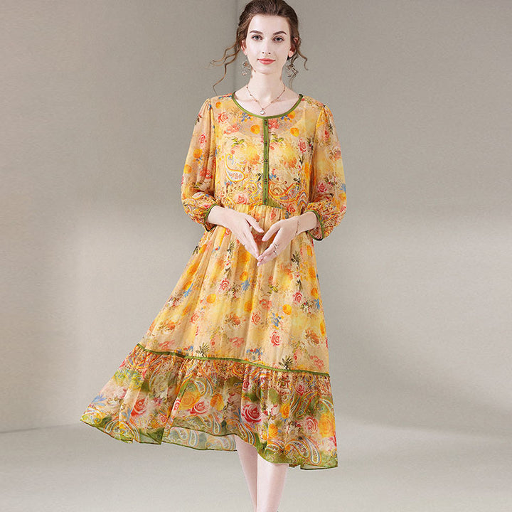 Semi-Sheer Yellow Floral Round Neck 3/4 Sleeve Silk Vacation Dress SD049