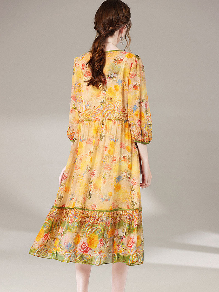 Semi-Sheer Yellow Floral Round Neck 3/4 Sleeve Silk Vacation Dress SD049