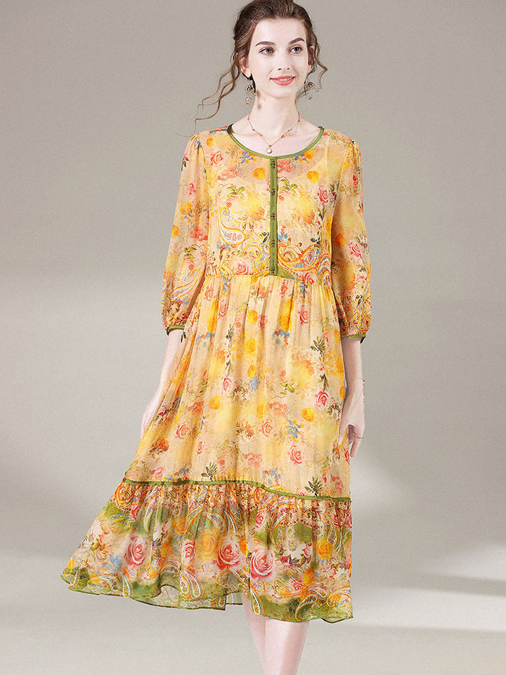 Semi-Sheer Yellow Floral Round Neck 3/4 Sleeve Silk Vacation Dress SD049