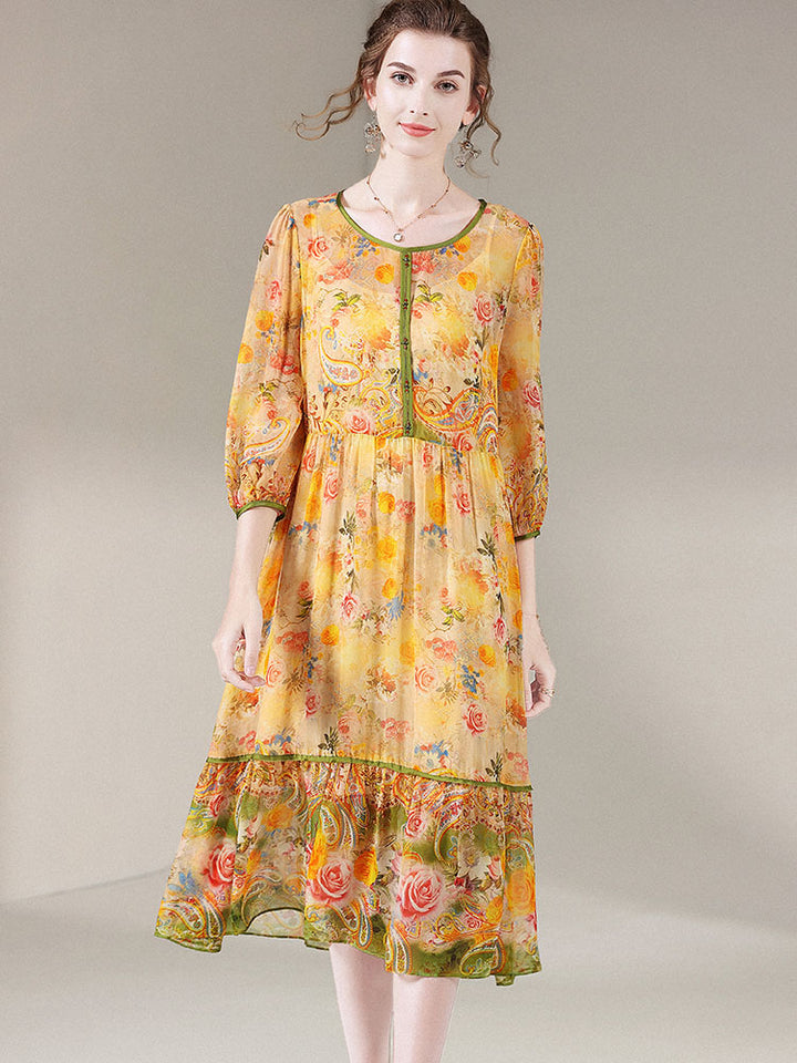 Semi-Sheer Yellow Floral Round Neck 3/4 Sleeve Silk Vacation Dress SD049