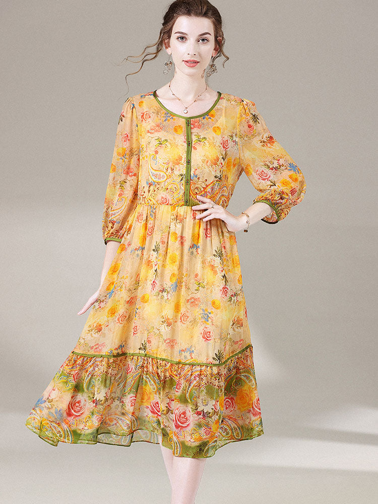 Semi-Sheer Yellow Floral Round Neck 3/4 Sleeve Silk Vacation Dress SD049