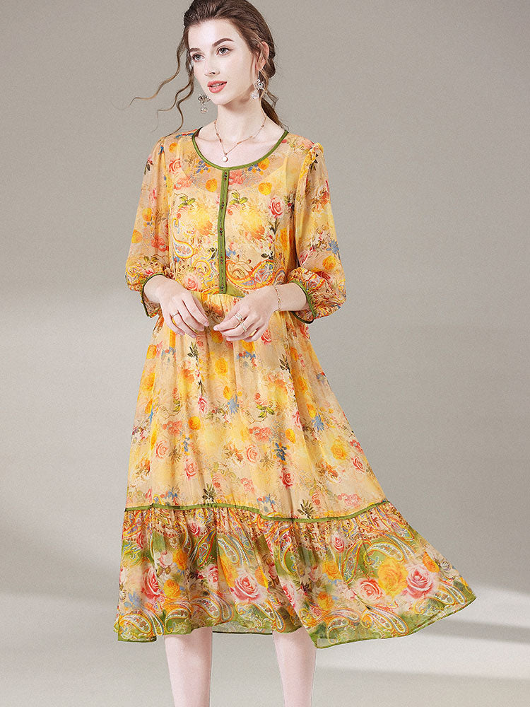 Semi-Sheer Yellow Floral Round Neck 3/4 Sleeve Silk Vacation Dress SD049