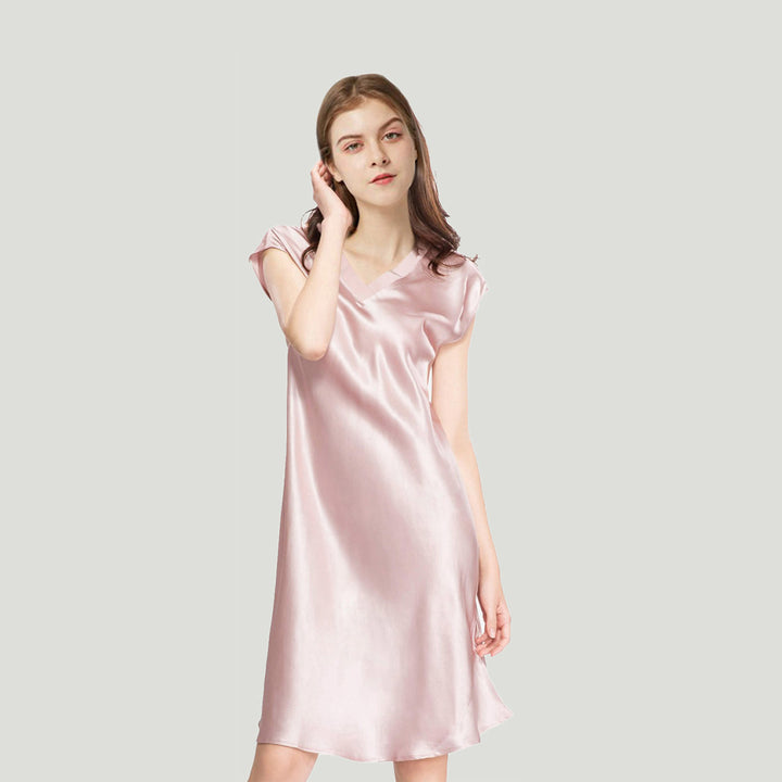Double-Sided Silky V-Neck Cap Sleeve Mulberry Silk Nightgown LSP009