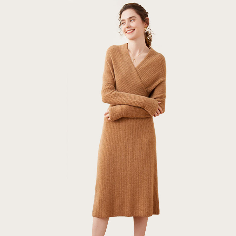 Sexy Ribbed Cashmere Blend Long Sleeve Wrap Dress for Women CP014