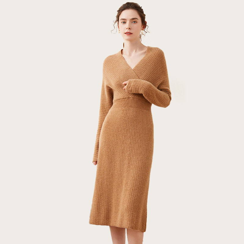 Sexy Ribbed Cashmere Blend Long Sleeve Wrap Dress for Women CP014