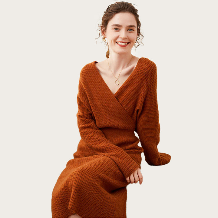 Sexy Ribbed Cashmere Blend Long Sleeve Wrap Dress for Women CP014