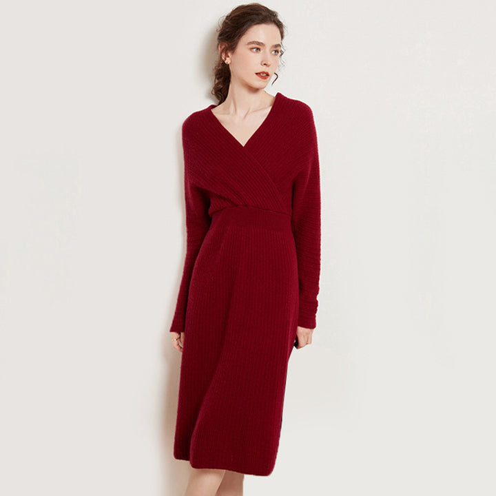 Sexy Ribbed Cashmere Blend Long Sleeve Wrap Dress for Women CP014