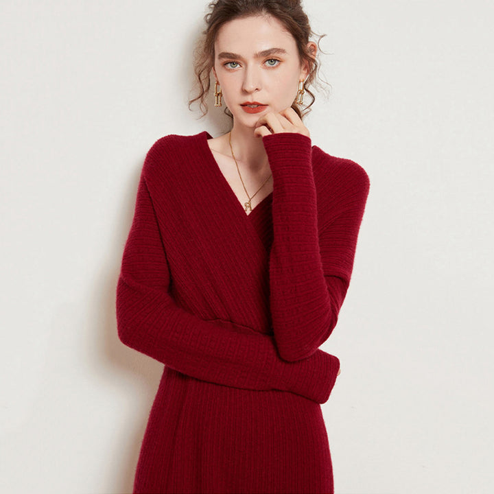 Sexy Ribbed Cashmere Blend Long Sleeve Wrap Dress for Women CP014