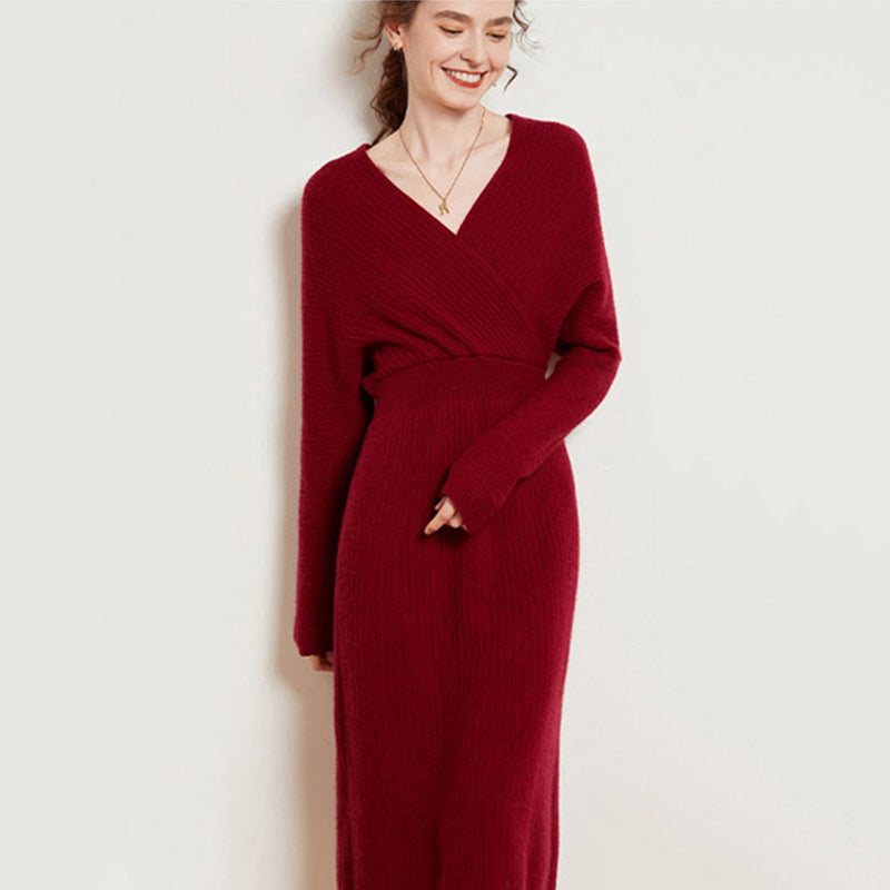 Sexy Ribbed Cashmere Blend Long Sleeve Wrap Dress for Women CP014