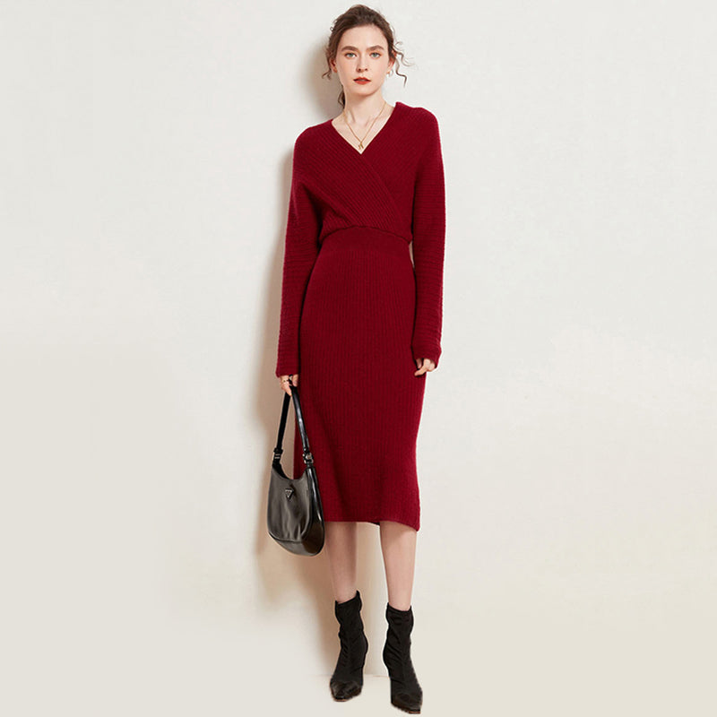 Sexy Ribbed Cashmere Blend Long Sleeve Wrap Dress for Women CP014